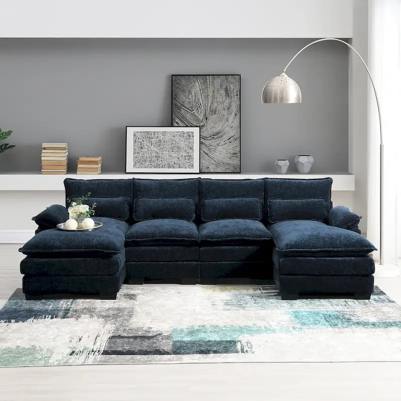 Canapé modulaire convertible 6 places en U en chenille bleue avec méridienne