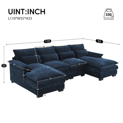 Canapé modulaire convertible 6 places en U en chenille bleue avec méridienne