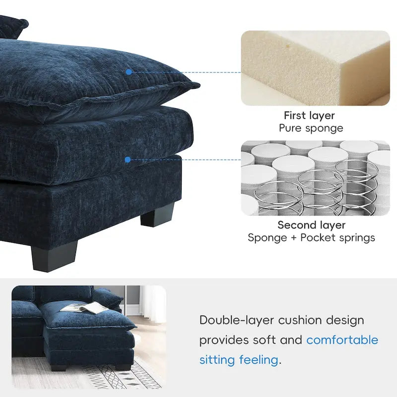 Canapé modulaire convertible 6 places en U en chenille bleue avec méridienne