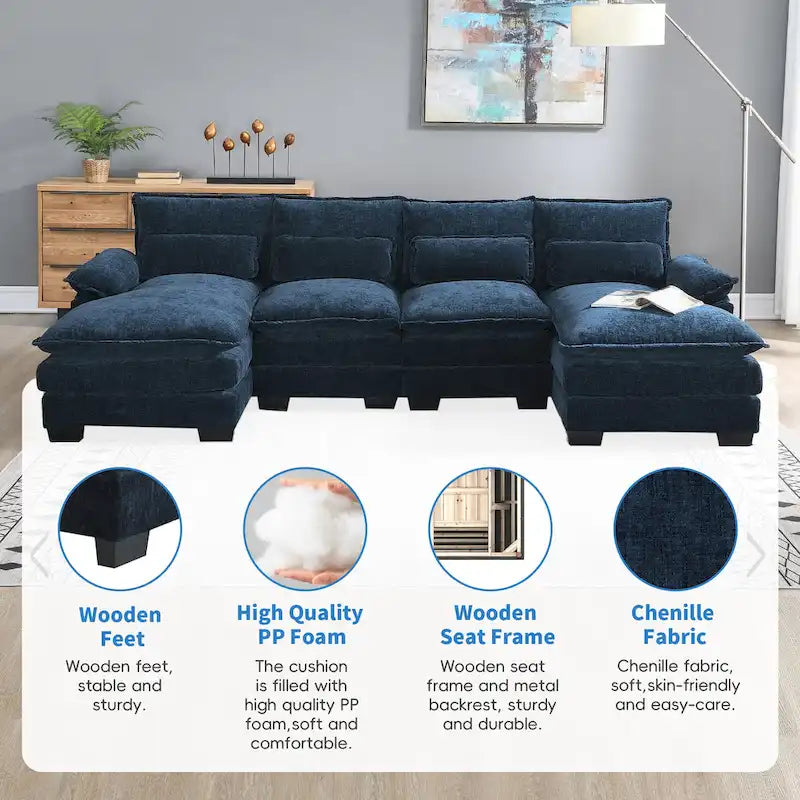 Canapé modulaire convertible 6 places en U en chenille bleue avec méridienne