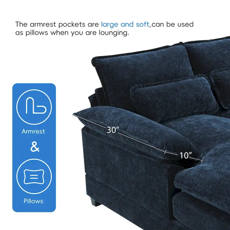 Canapé modulaire convertible 6 places en U en chenille bleue avec méridienne