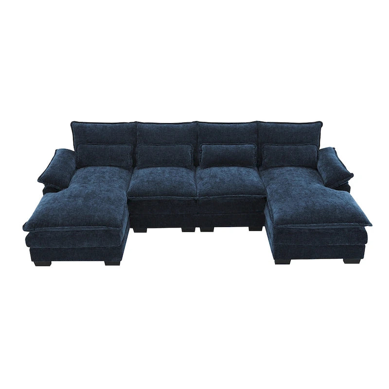 Canapé modulaire convertible 6 places en U en chenille bleue avec méridienne