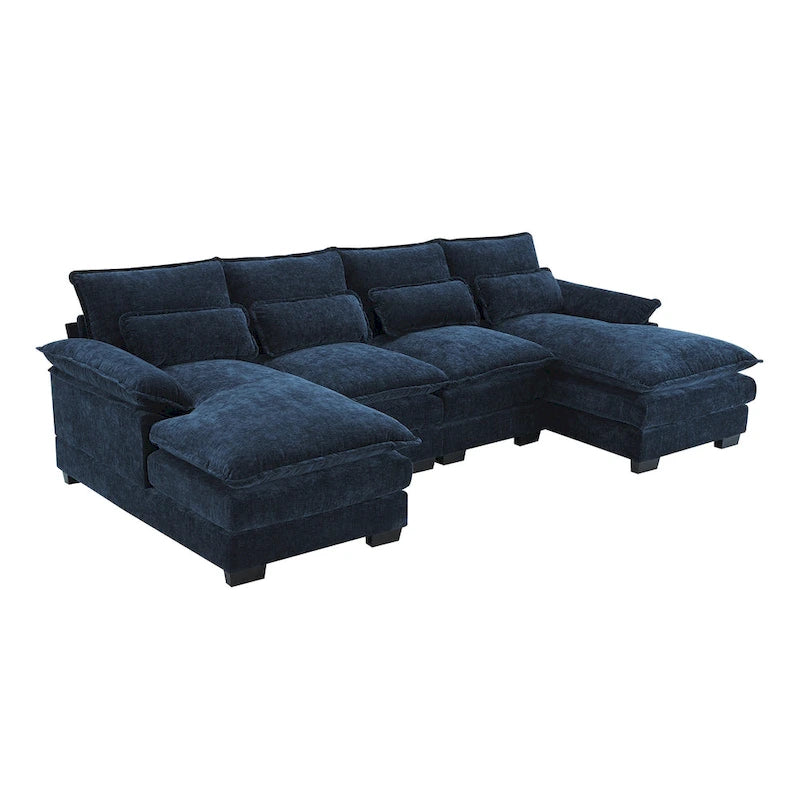 Canapé modulaire convertible 6 places en U en chenille bleue avec méridienne