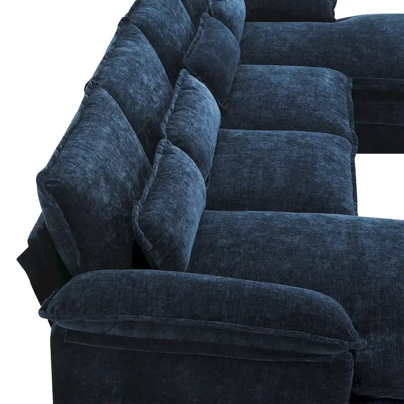 Canapé modulaire convertible 6 places en U en chenille bleue avec méridienne