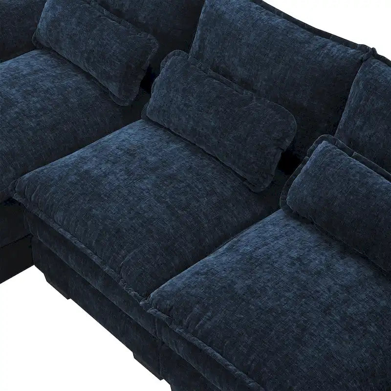 Canapé modulaire convertible 6 places en U en chenille bleue avec méridienne