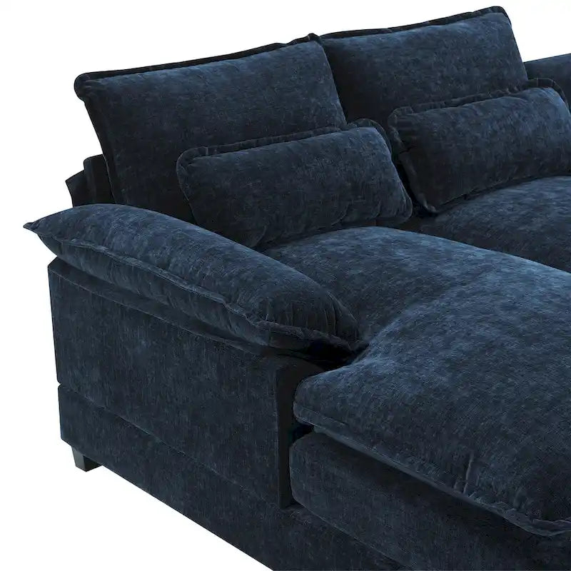 Canapé modulaire convertible 6 places en U en chenille bleue avec méridienne