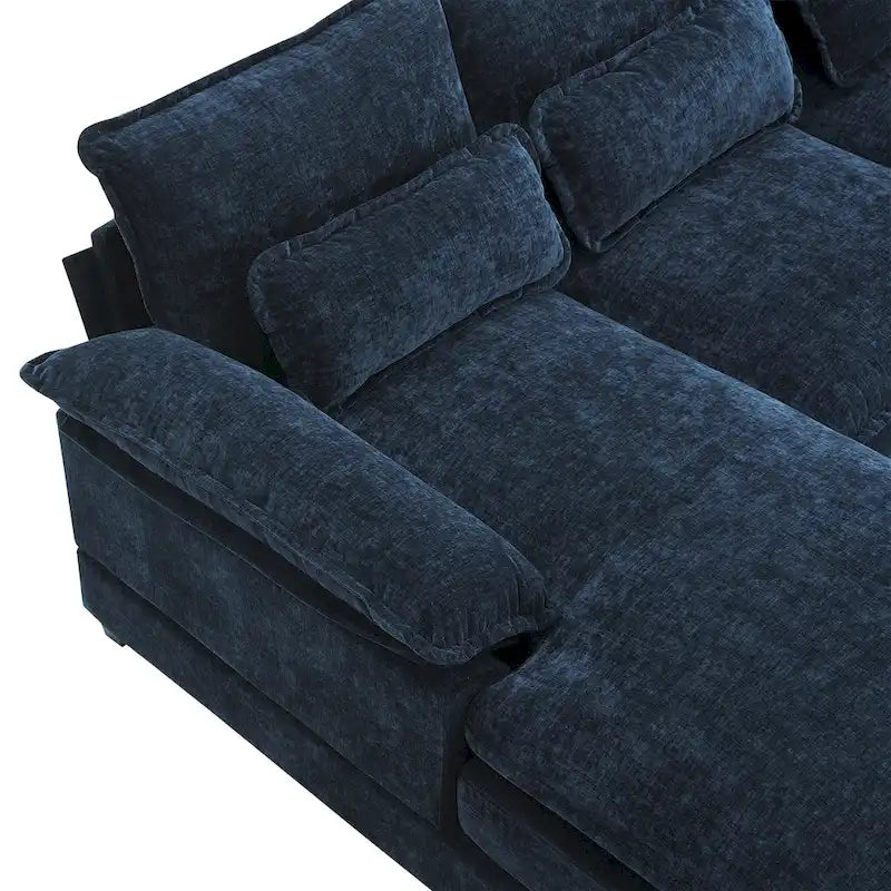 Canapé modulaire convertible 6 places en U en chenille bleue avec méridienne
