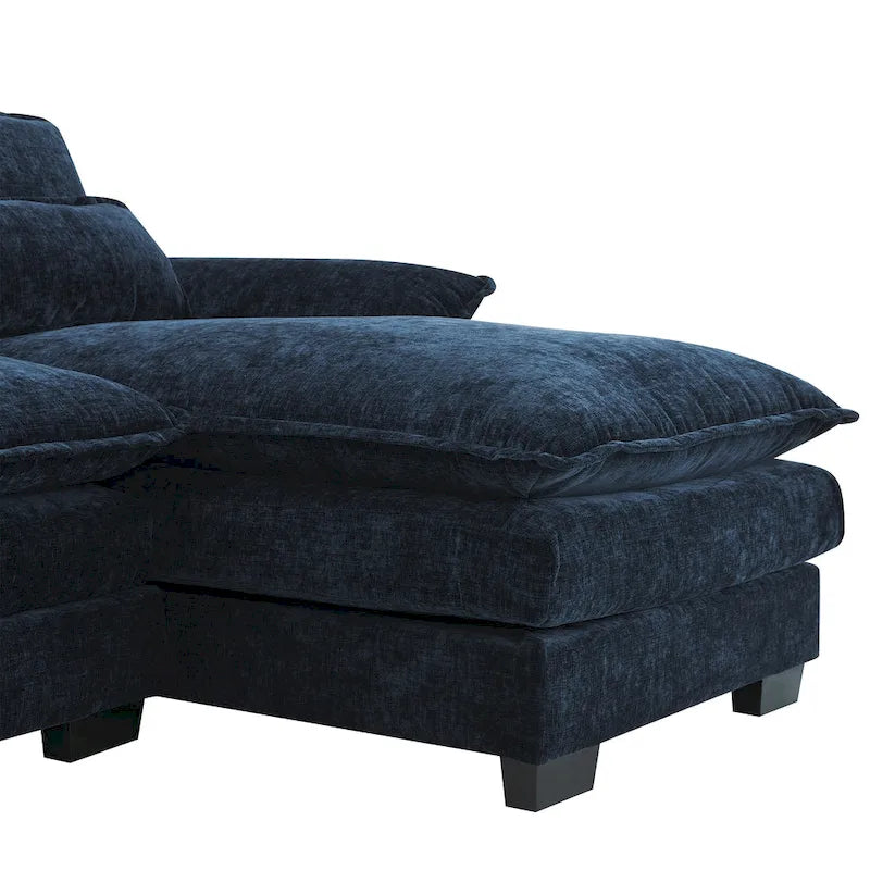 Canapé modulaire convertible 6 places en U en chenille bleue avec méridienne