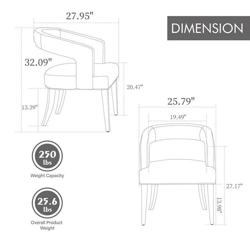 Fauteuil d'appoint rembourré, moderne, large de 25,79 po, dossier ouvert, en forme de tonneau