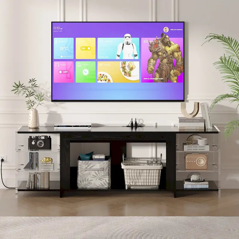 Meuble TV rustique de 70 pouces (Cheminée électrique en option — 2 styles disponibles) — Table de centre de divertissement multimédia avec étagères