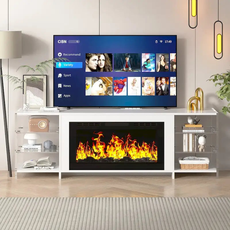 Meuble TV rustique de 70 pouces (Cheminée électrique en option — 2 styles disponibles) — Table de centre de divertissement multimédia avec étagères