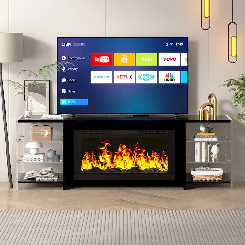 Meuble TV rustique de 70 pouces (Cheminée électrique en option — 2 styles disponibles) — Table de centre de divertissement multimédia avec étagères