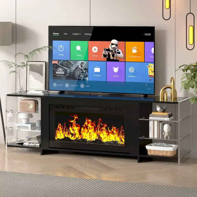 Meuble TV rustique de 70 pouces (Cheminée électrique en option — 2 styles disponibles) — Table de centre de divertissement multimédia avec étagères