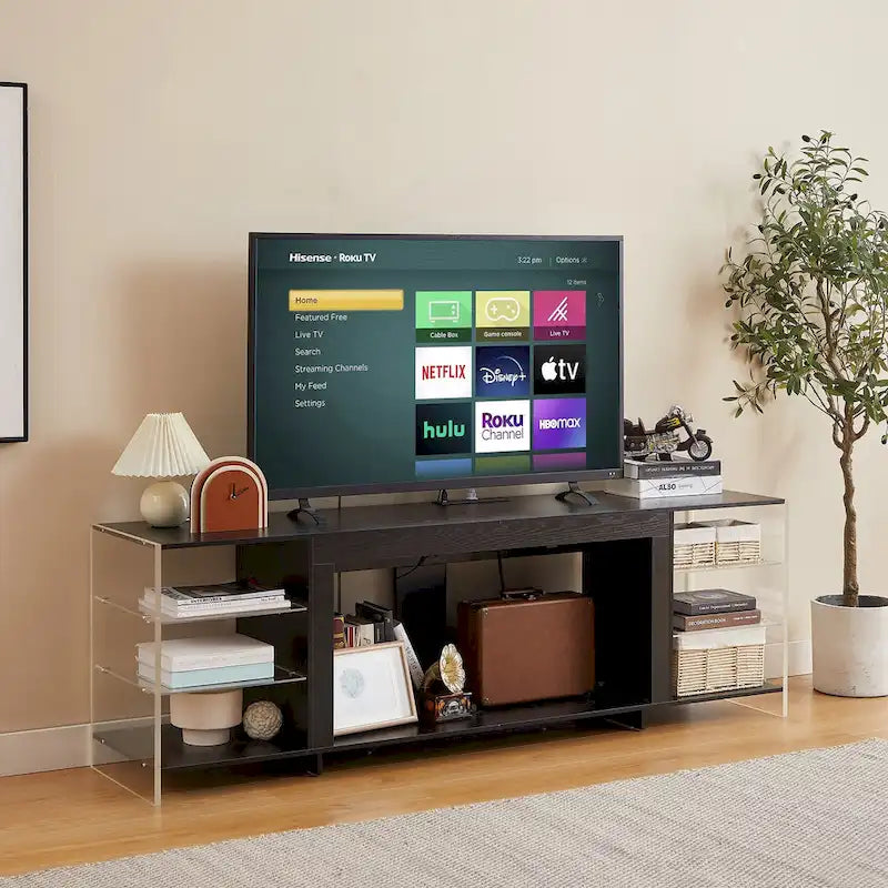 Meuble TV rustique de 70 pouces (Cheminée électrique en option — 2 styles disponibles) — Table de centre de divertissement multimédia avec étagères
