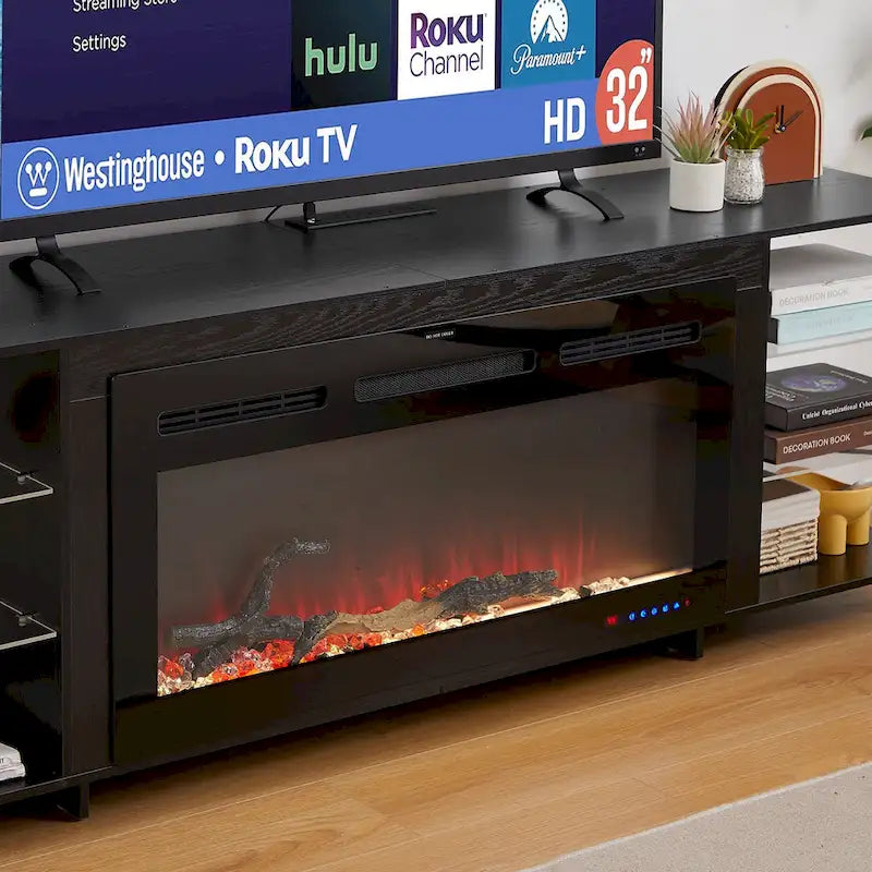 Meuble TV rustique de 70 pouces (Cheminée électrique en option — 2 styles disponibles) — Table de centre de divertissement multimédia avec étagères