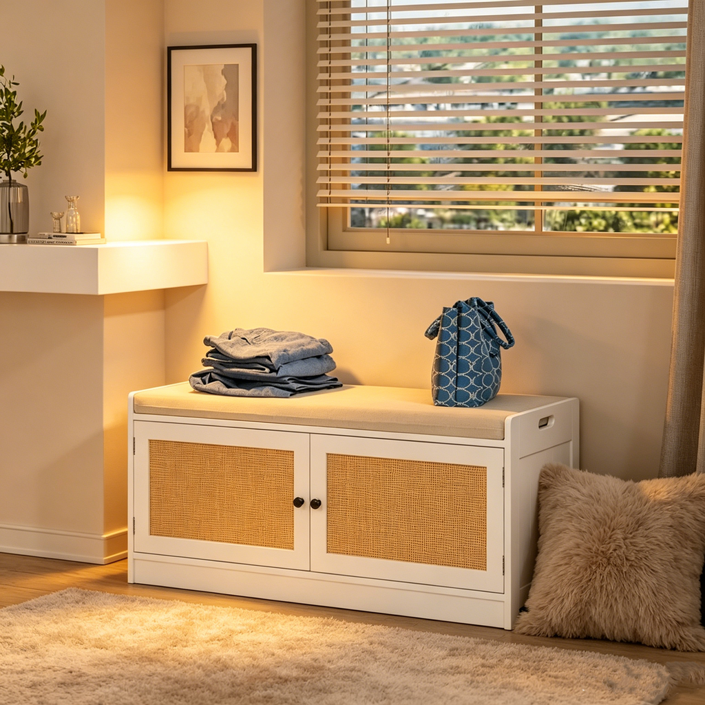 Ce banc à chaussures blanc pour entrée (avec coussin et étagère réglable) — 101 cm L x 40 cm P x 46 cm H