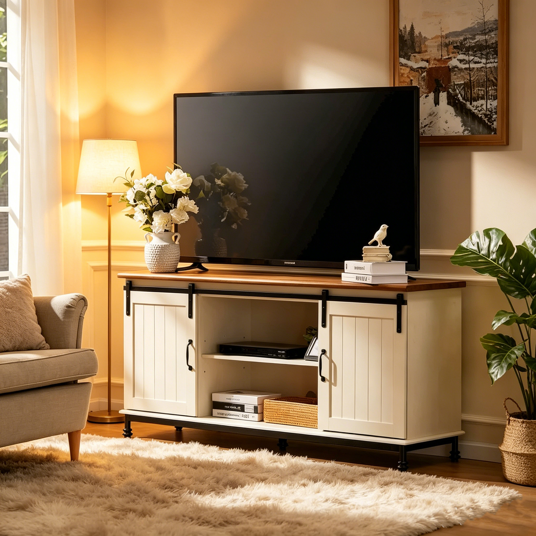 Meuble TV/unité de rangement/meuble multimédia de style ferme avec porte coulissante de grange, convient aux téléviseurs jusqu'à 65 pouces.