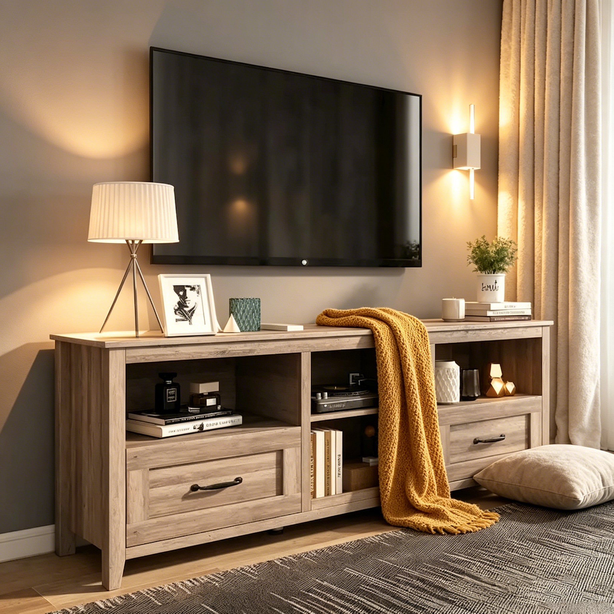 Meuble TV gris avec tiroirs de rangement et gestion des câbles pour TV de 65/75 pouces - M