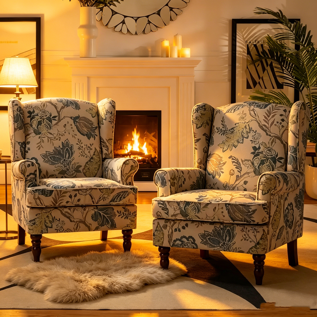 Fauteuils en tissu traditionnels avec pieds usinés, deux chaises par ensemble.