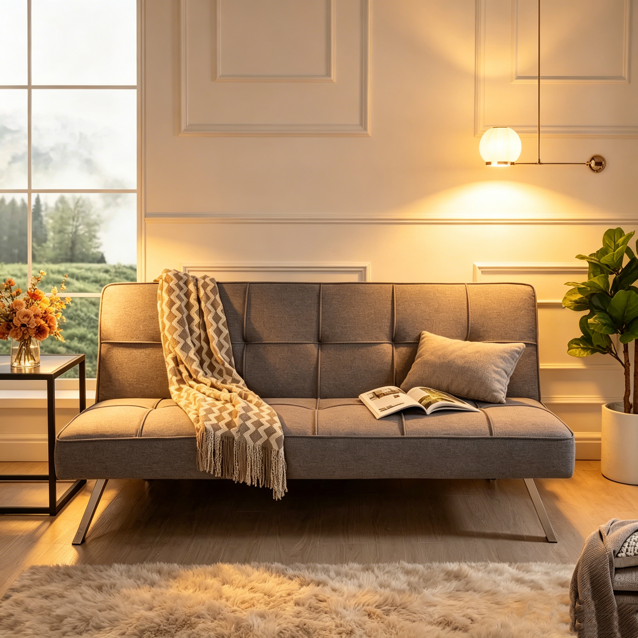 Canapé-lit futon moderne et confortable, capitonné, convertible, tissu de lin, capacité de poids de 340 kg