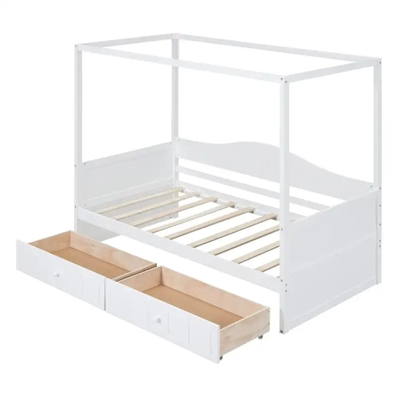 Lit de repos à baldaquin en bois, format jumeau, avec 2 tiroirs