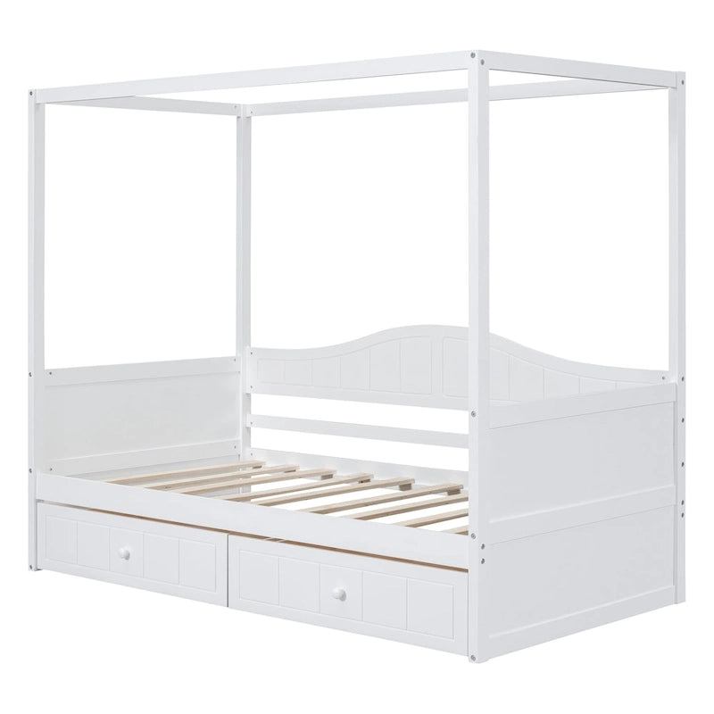 Lit de repos à baldaquin en bois, format jumeau, avec 2 tiroirs