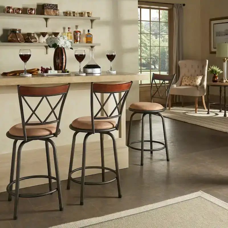 Ensemble de tabourets de bar ajustables en métal effet bronze et bois massif (design dossier en X, ensemble de 3 pièces)