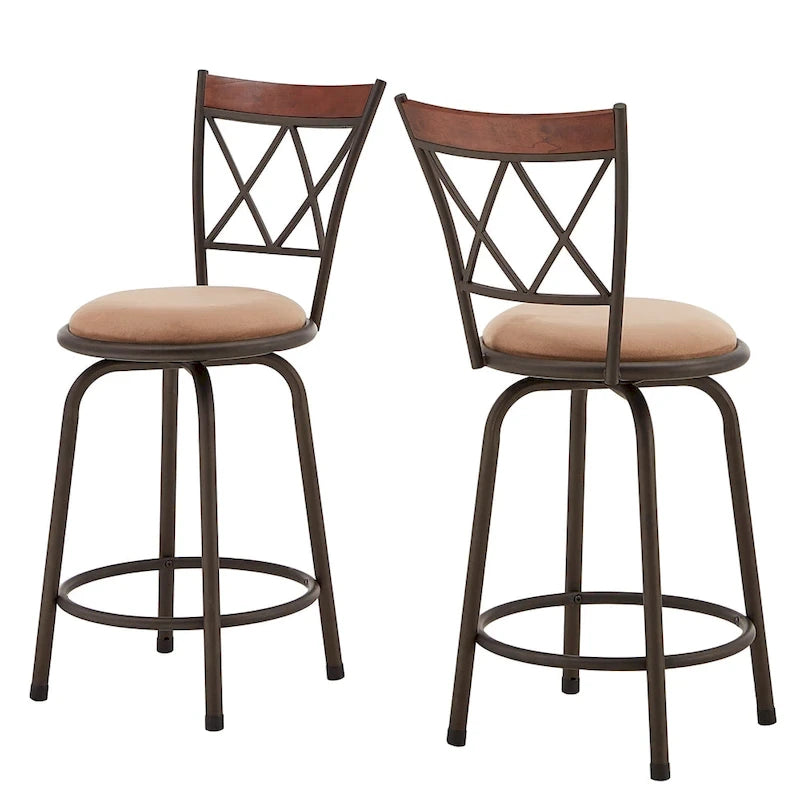 Ensemble de tabourets de bar ajustables en métal effet bronze et bois massif (design dossier en X, ensemble de 3 pièces)