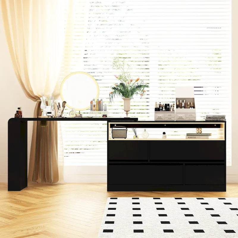 Commode de chambre à 4 tiroirs avec coiffeuse et bahut, blanc