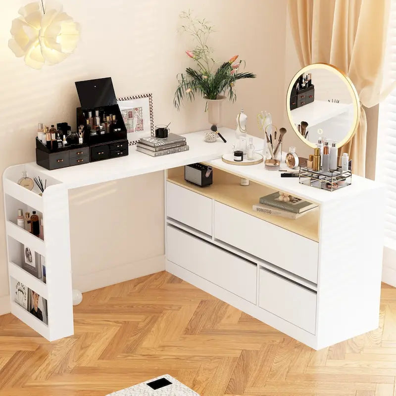 Commode de chambre à 4 tiroirs avec coiffeuse et bahut, blanc