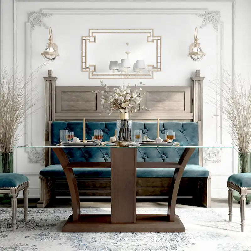 Cette table de salle à manger moderne en merisier de 72 pouces avec plateau en verre