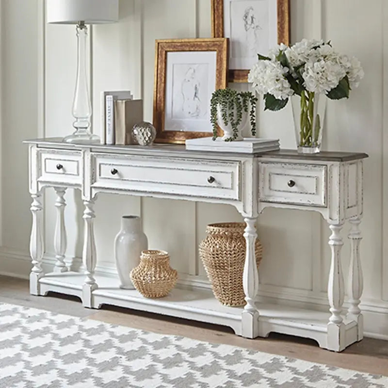 Console de table de 72 pouces pour entrée – Blanc antique et écorce vieillie