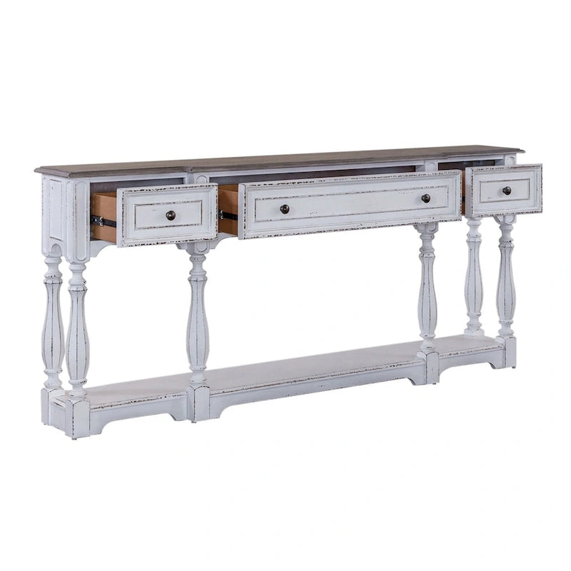 Console de table de 72 pouces pour entrée – Blanc antique et écorce vieillie