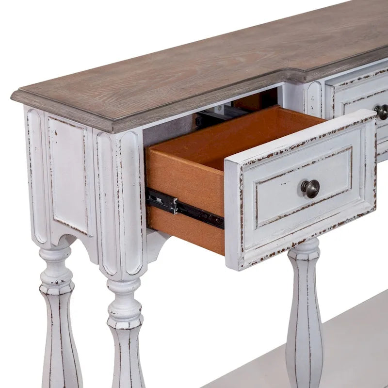 Console de table de 72 pouces pour entrée – Blanc antique et écorce vieillie