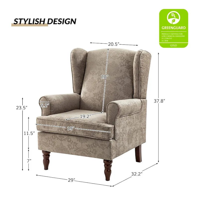 Fauteuils en tissu traditionnels avec pieds usinés, deux chaises par ensemble.
