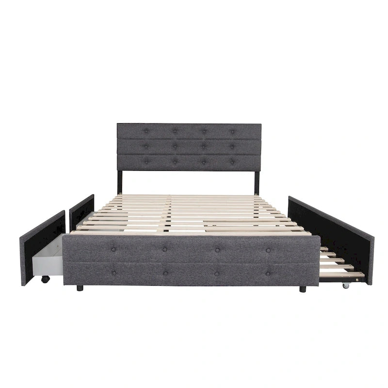 Lit gigogne capitonné en tissu de lin Queen Size avec tiroirs gris