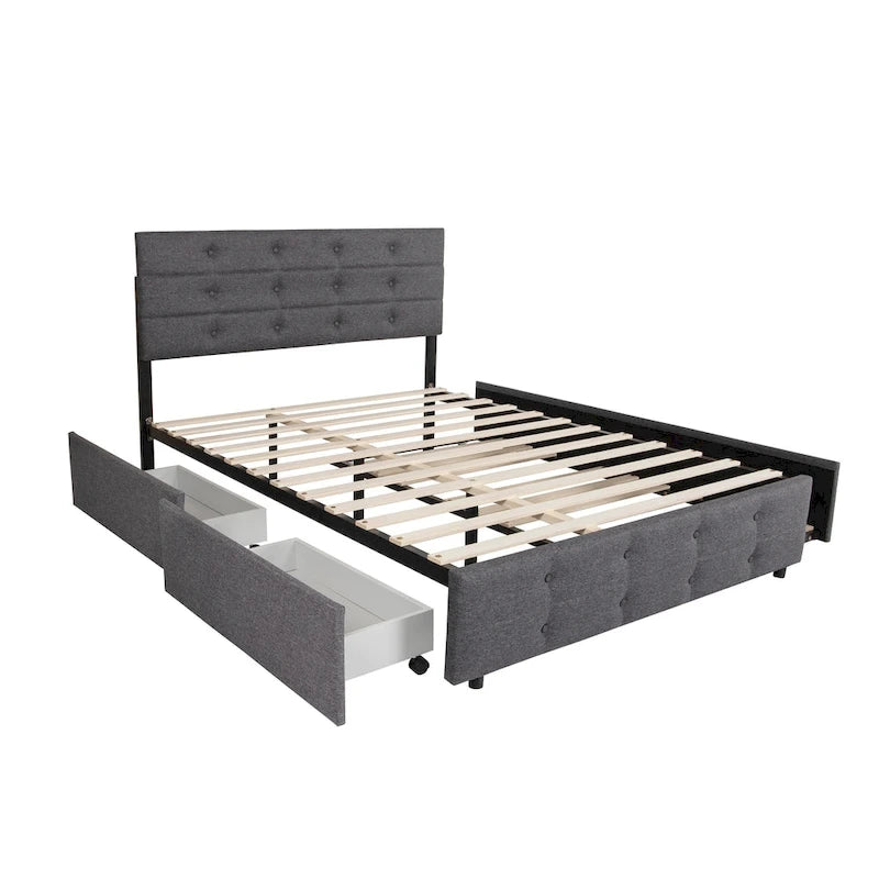 Lit gigogne capitonné en tissu de lin Queen Size avec tiroirs gris