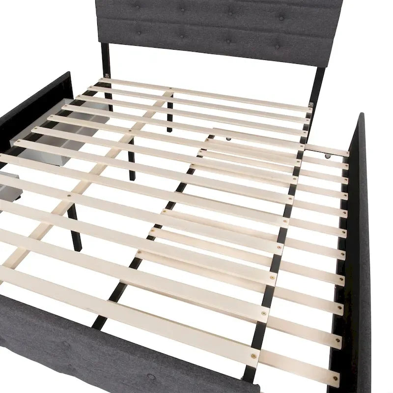 Lit gigogne capitonné en tissu de lin Queen Size avec tiroirs gris