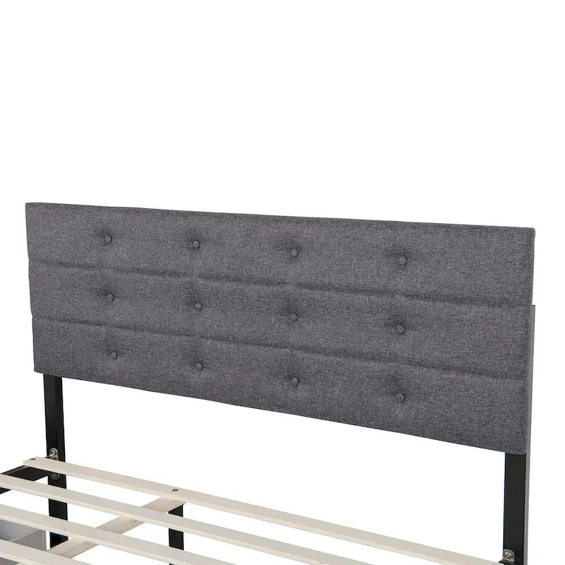 Lit gigogne capitonné en tissu de lin Queen Size avec tiroirs gris