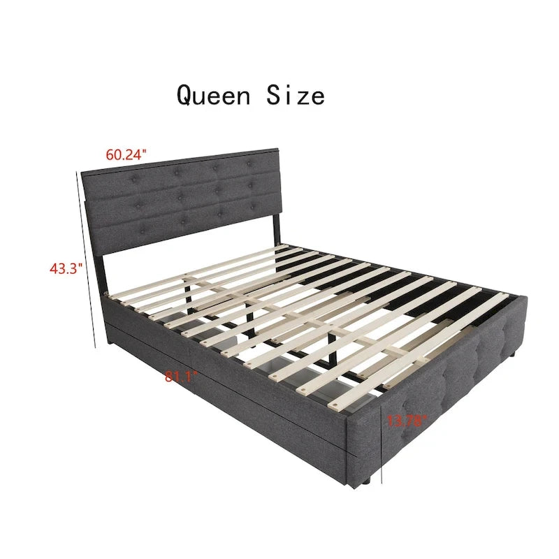 Lit gigogne capitonné en tissu de lin Queen Size avec tiroirs gris