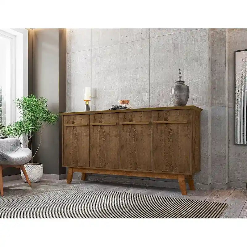 62.99 Buffet avec pieds en bois massif et 2 armoires, coloris blanc cassé et cannelle