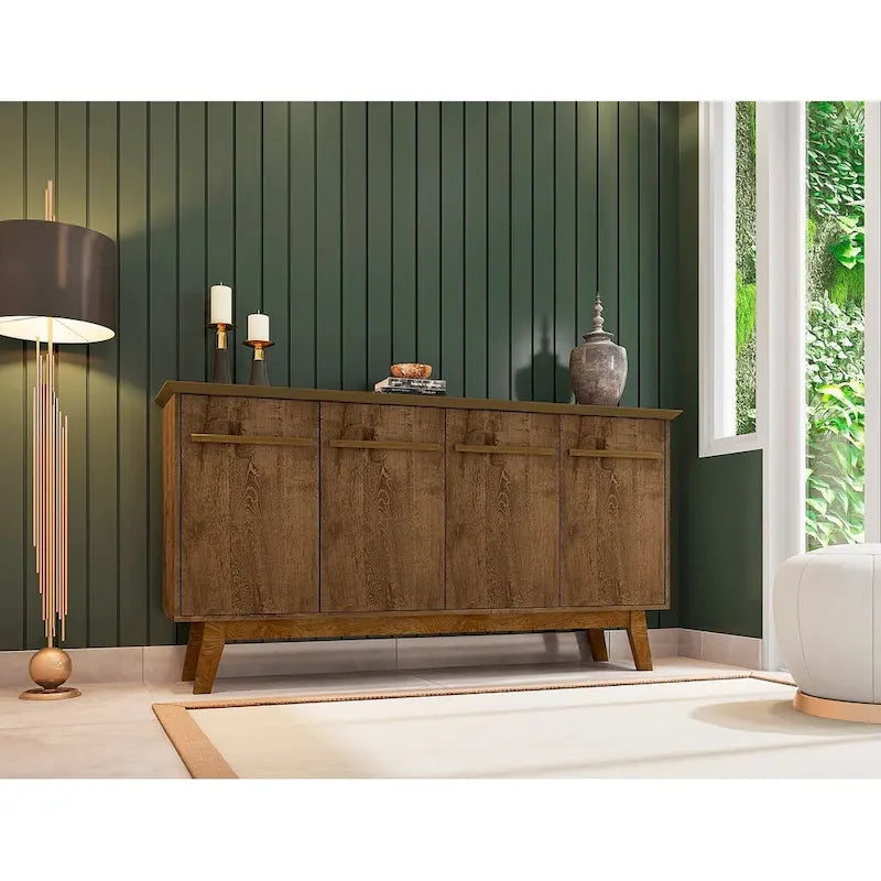 62.99 Buffet avec pieds en bois massif et 2 armoires, coloris blanc cassé et cannelle