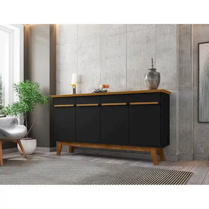 62.99 Buffet avec pieds en bois massif et 2 armoires, coloris blanc cassé et cannelle