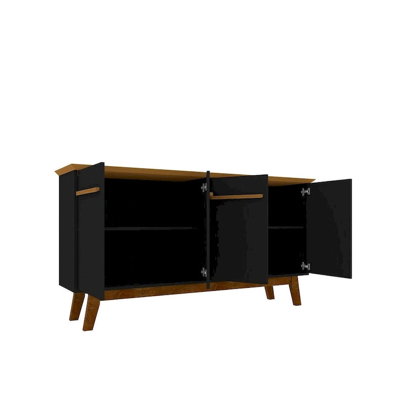 62.99 Buffet avec pieds en bois massif et 2 armoires, coloris blanc cassé et cannelle