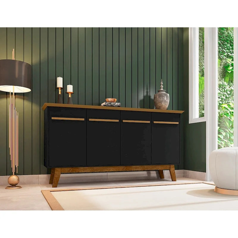 62.99 Buffet avec pieds en bois massif et 2 armoires, coloris blanc cassé et cannelle