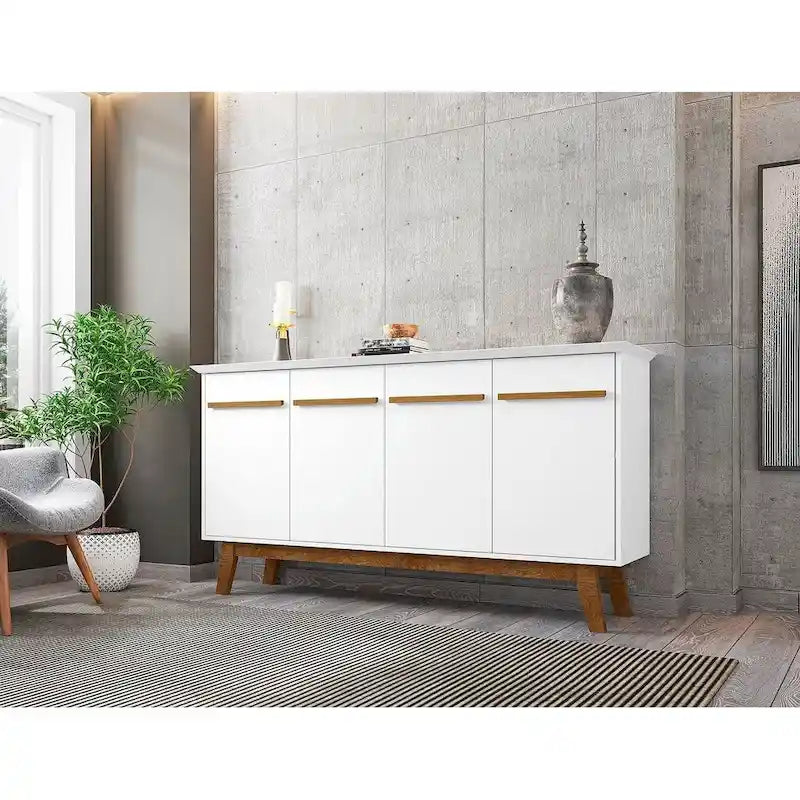 62.99 Buffet avec pieds en bois massif et 2 armoires, coloris blanc cassé et cannelle