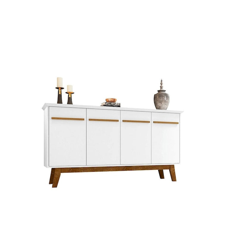 62.99 Buffet avec pieds en bois massif et 2 armoires, coloris blanc cassé et cannelle