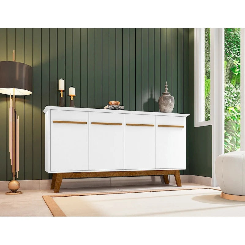 62.99 Buffet avec pieds en bois massif et 2 armoires, coloris blanc cassé et cannelle