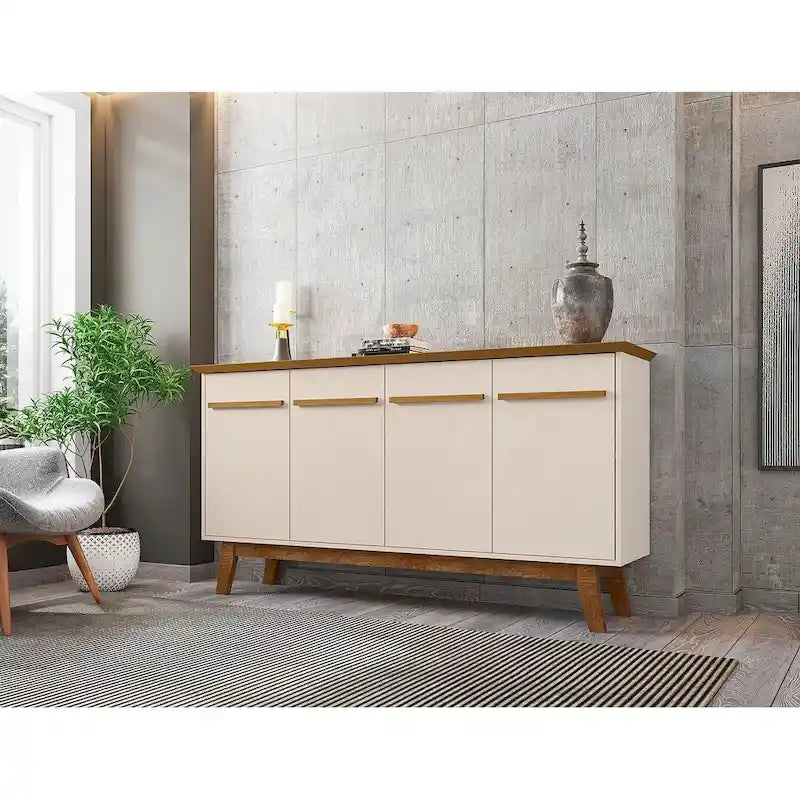 62.99 Buffet avec pieds en bois massif et 2 armoires, coloris blanc cassé et cannelle