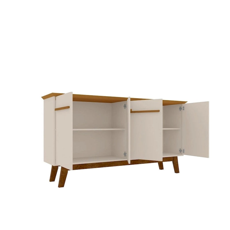 62.99 Buffet avec pieds en bois massif et 2 armoires, coloris blanc cassé et cannelle